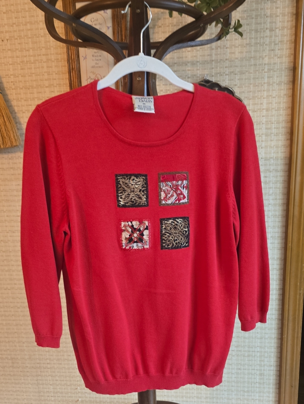 Classic Crewneck Sweater with Embroidered Patch Details - Red